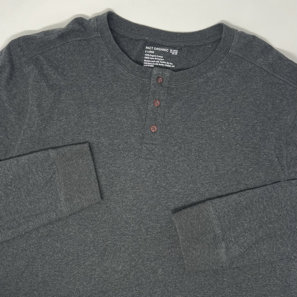 Pact Men's XL Gray Softspun Organic Cotton Long Sleeve Casual‎ Henley Shirt